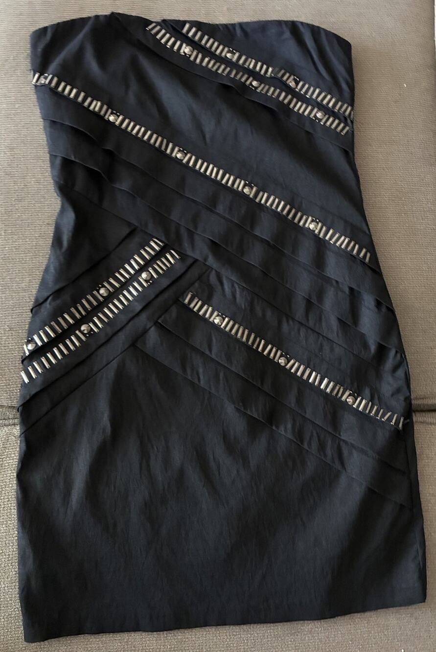 NIKIBIKI Black Bodycon Mini Dress L • Halloween Studded Metallic Stretchy Rocker